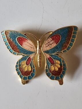 Gold Tone Enamel Butterfly Pin Vintage - Teal, Red, Pink, Yellow